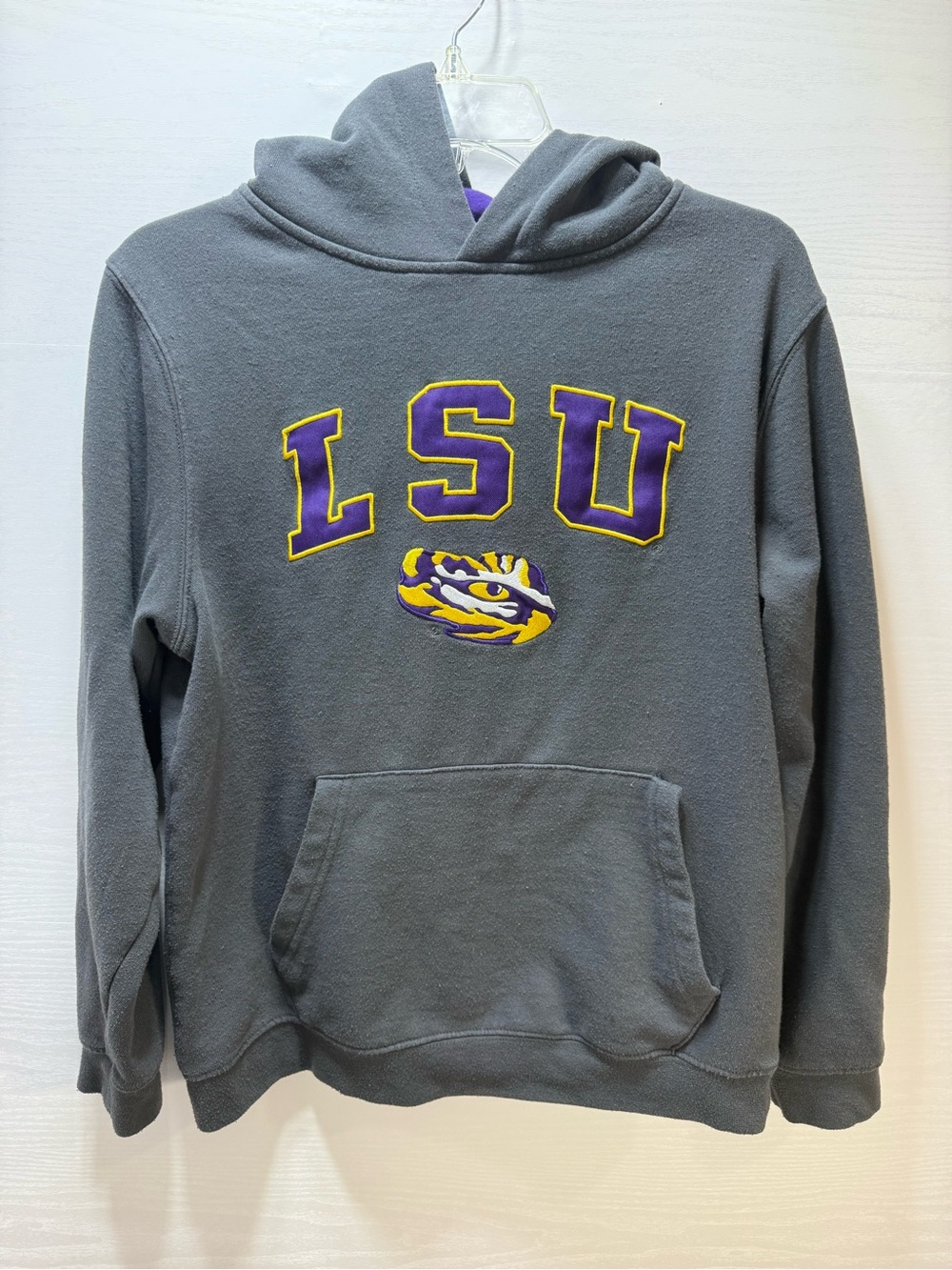 Colosseum Grey LSU Crewneck Sweatshirt with Purple & Gold Logo